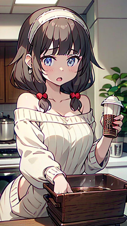 masterpiece, yor, 1girl, Amazing Cleavage:1.3, thin waist, big ass, Raised sexy, medium breast: 1.8 posed cleavage:1.2、solo, looking at viewer, open mouth, have a cup of coffee,black hair, red eyes, dress, bare shoulders, jewelry, collarbone, sidelocks, hairband, earrings, indoors, off shoulder, :o, sweater, arms behind back, plant, short hair with long locks, white hairband, off-shoulder dress, sweater dress, off-shoulder sweater, red sweater, big side hair, very long side hair,is rendered in (masterpiece: 1.2, best quality), with (ultra high resolution) and an exquisite (depth of field). This masterpiece is not only visually stunning but also tells, make of cake cooking ,in the kitchen