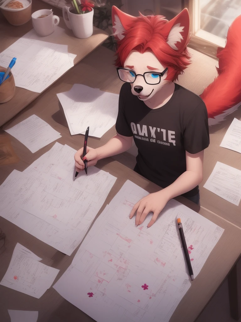 wear glasses,All over the body is red hair, Male wolf,short hair, Bright Eyes,The eyes are gray,The tip of the tail is white,Meatballs Pink,hairy,hairy male ,Flower charcoal,(Body hair, hairy tail, Red fur,),Long canine teeth,Hairy,Scattered paper,Scattered paper floated in the air,charming,Shota,writing,permanent,writer'Clothes,Starlight,Star,moonlight,Glittering,Hold a pen,Show paws,Facial expression expectations,Clothing to cover private parts