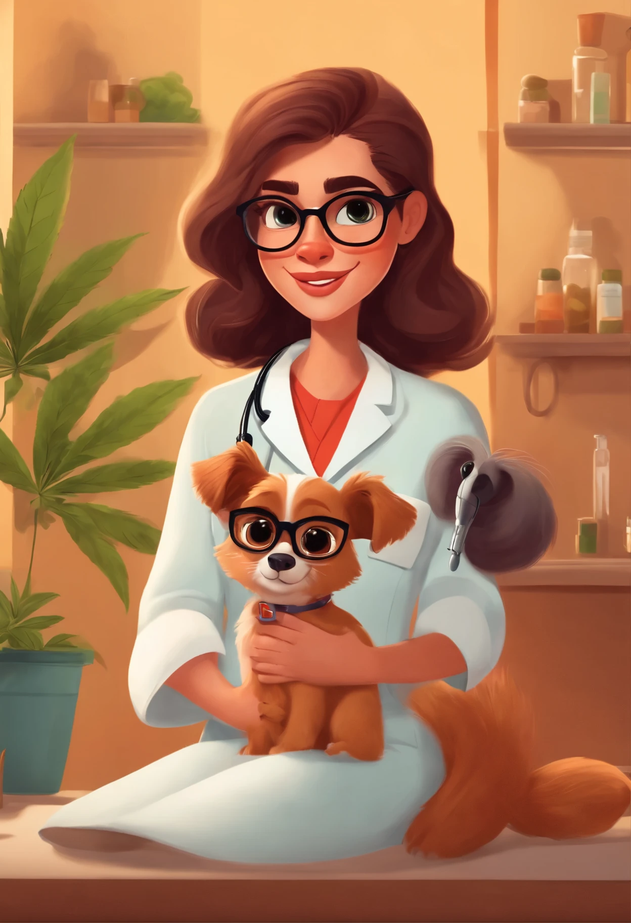 Crea un personaje estilo Pixar, a brunette veterinarian in a medical gown and a stethoscope., holding a bottle of cannabis medication, con cabello largo, Hazel brown eyes and round glasses, con perro y un gato con ella