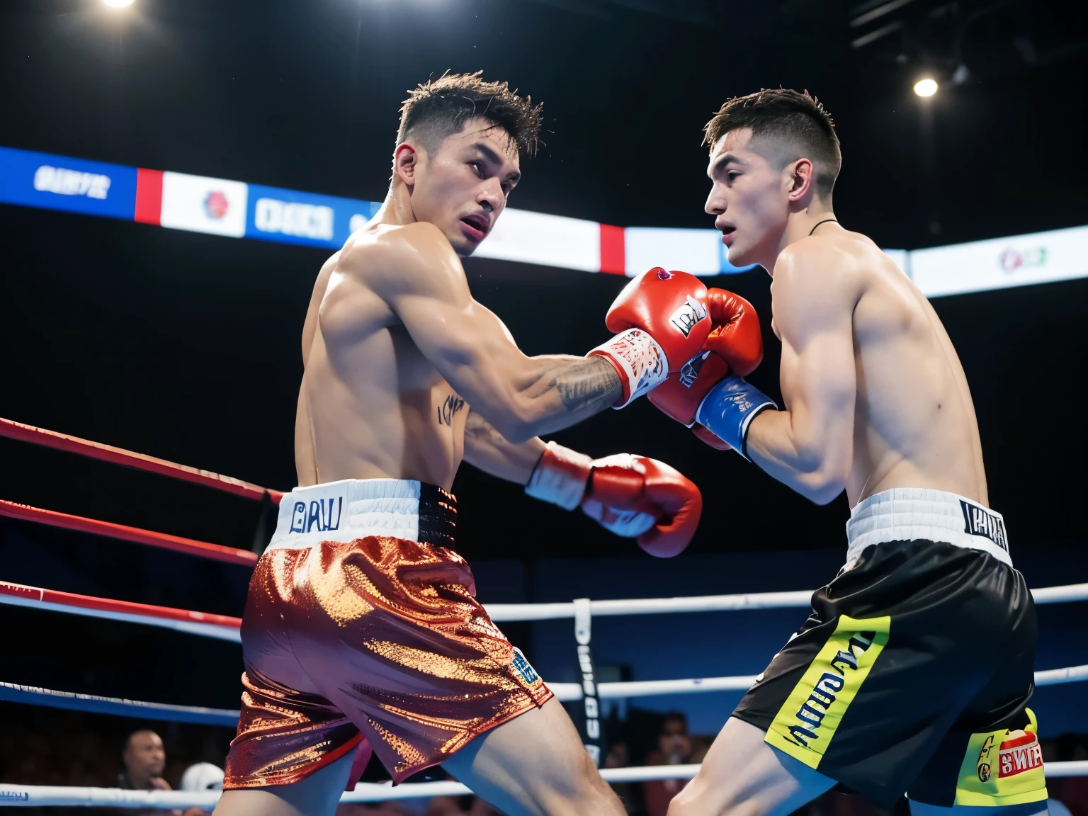 two men in boxing gear are fighting in a ring, photo from the olympic games, 1614572159, boxing, daniel dociu, boxing match, pablo carpio and jordan grimmer, pablo olivera, by Edward Avedisian, in style of kyrill kotashev, by Siona Shimshi