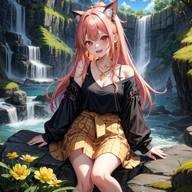 GoldPinkGolden Hair、Red eyes、One good looking girl、solo、anime、Checkered mini skirt、Black camisole、Black T-shirt、hoodie、Wearing a ribbon、Ribbon on waist、Crystal Earrings、Gemstone Necklace、Light and shadow、Tilting face、Teeth are visible、waterfall、Torrent、tunnel、pylon、Sunset sky、Towering、frilled lizard、light、flash、Barrel、Wife、loose、moss、isolated island、Hell's Gate、Blue flame