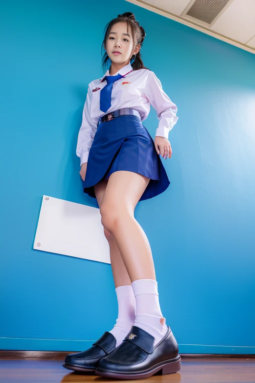 (realistic:1.2),from the front,(View from below:1.4),
18 yo,(shy)Thai, ponytail, plain white collar shirt, long-sleeved shirt,bark blue necktie, not wearing skirt, white socks, black loafers, Thighs look good,
Standing position, open leg, (thigh:1.4),(look away:1.4),(classroom background) ,
Mix 4,