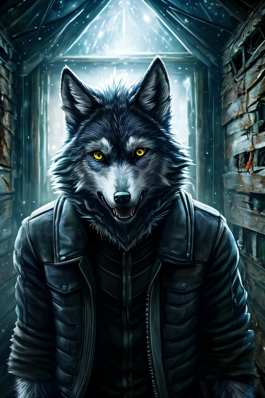 18 year old man, SOLO, ((antropomorfic wolf)), ((wolf with realistic fur)), BLUE FUR, detailed eye, very long wolf ears, grey and black jacket, scared and crying, open mouth, full body, Inside an abandoned old tetric house, ((dark background)), ((dark night))