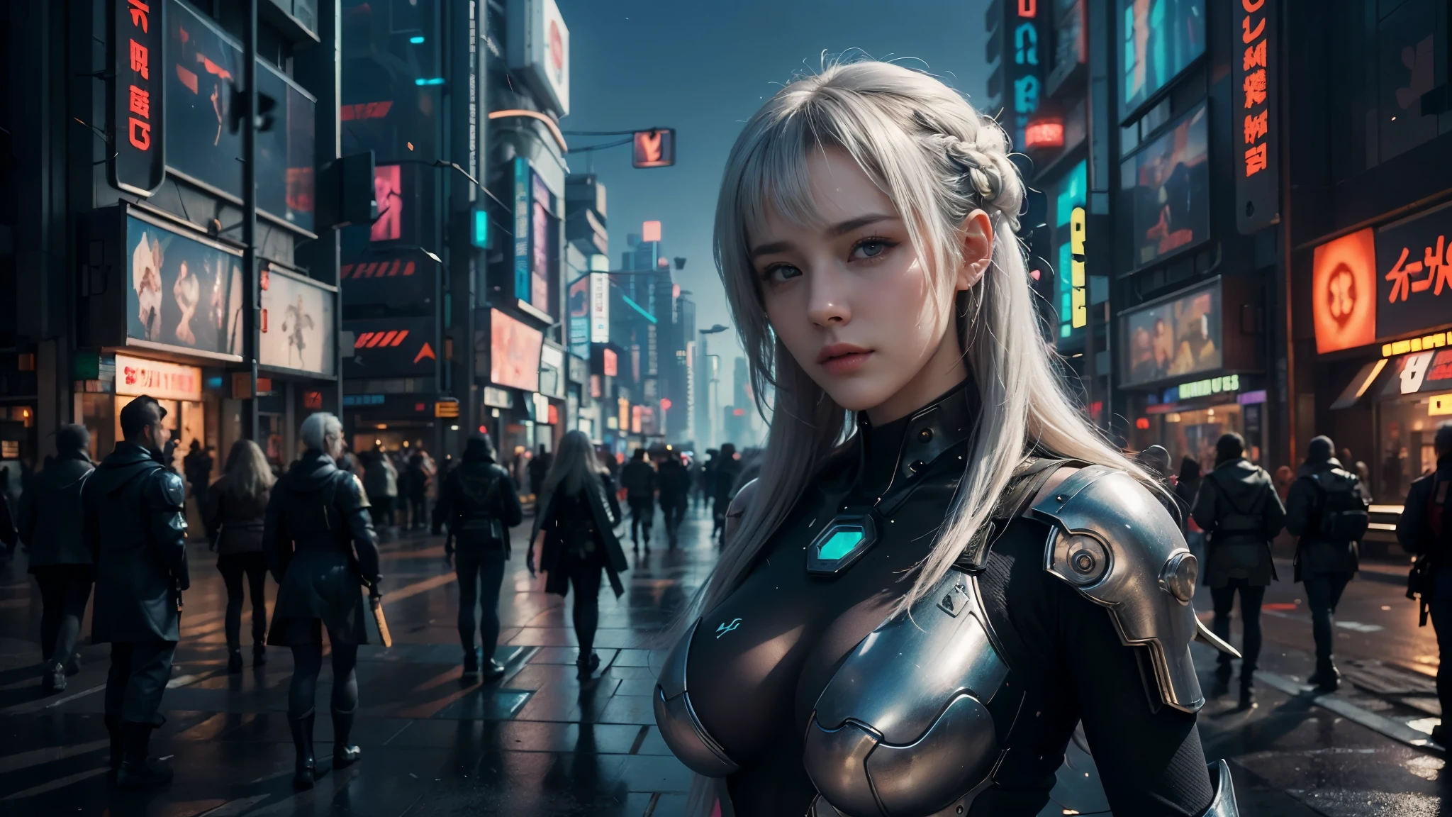 masterpiece,best quality,high resolution,8k,(Portrait Photos:1.5),(R Original Photo),real picture,Digital Photography,(A fusion of cyberpunk and fantasy),(Female Soldiers),20 year old girl,Feel free to hairstyle,white hair，Purple Eyes，By Bangs,(Medium breasts, Accessories,shut your mouth,Elegant and charming,Serious and arrogant,Calm and handsome,Combination of cyberpunk and fantasy style clothing,Hollow carving design,Large Breasts，Combined Armor,Photo poses,Realistic style,oc render reflection texture，sentry，Cyberpunk style future city，night，Bustling streets，Medium distance photography