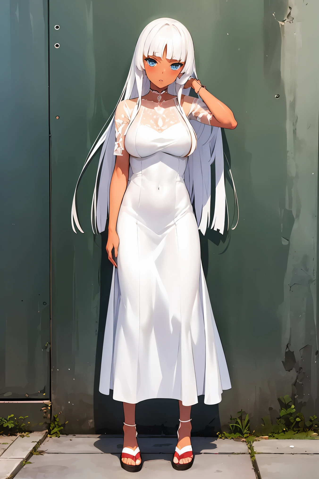 liliana 1girl, solo, long hair, looking at viewer, bangs, blue eyes, white hair, dark skin, blunt bangs, dark-skinned female, leaning against a wall in a long dress, a picture by Ayami Kojima, flickr, shin hanga, chiho, full body!!, long dress, harumi, Yoshitomo Nara, kimi takemura, full_body!!, full body!!!, full length view, chiho ashima