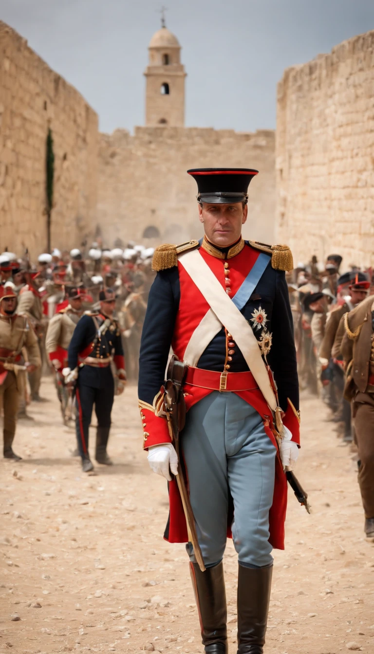 March 1799, Palestine: Under the command of General Napoleon Bonaparte, French troops take the city of Jaffa in a violent assault. ultra realistic 32k uhd. view panoramic. cinematic.
