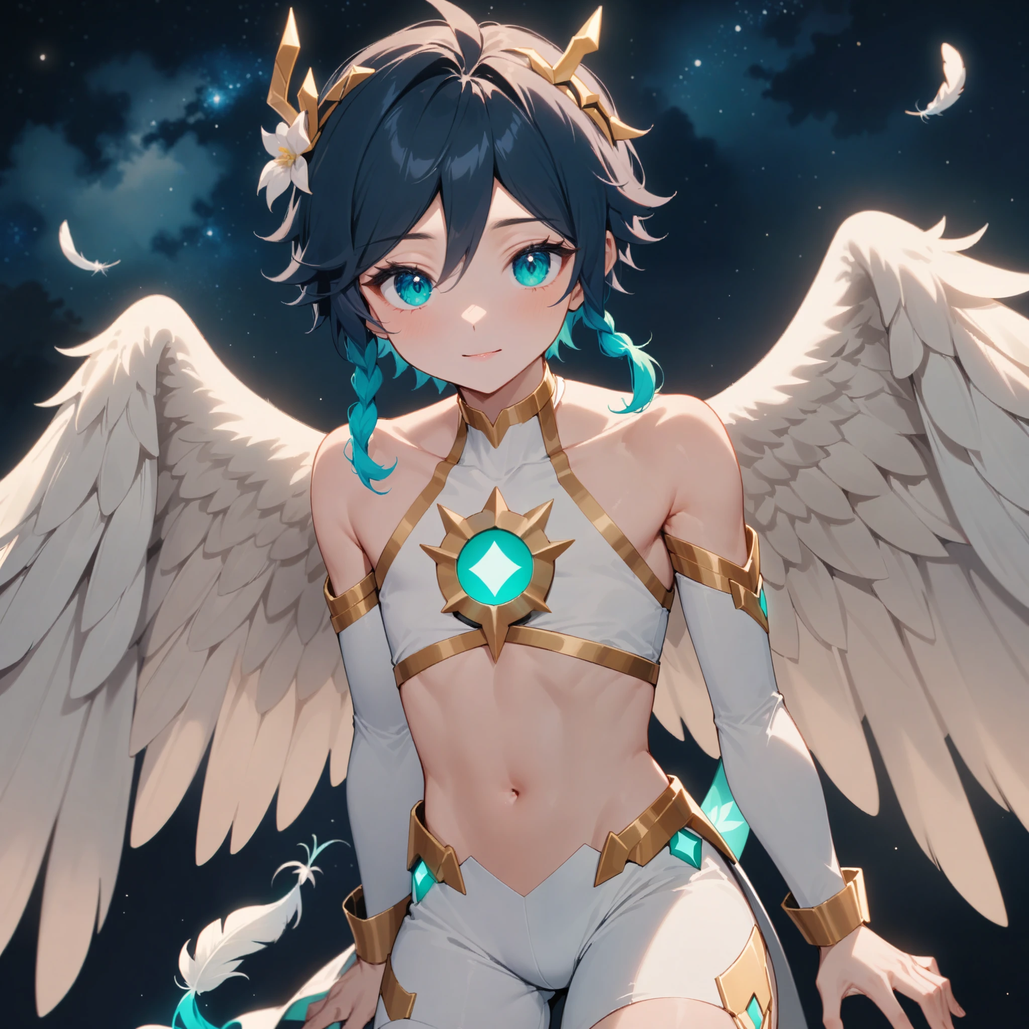 masterpiece,best quality,very aesthetic,absurdres,1boy,venti_/(archon/)_/(genshin_impact/),male_focus,detailed_eyes,(gnns:0.25),white feathered_wings,white halter_top,white shorts,hair_flower,midriff,black blue hair gradient,dsmile,((flat chest)),starry_sky,moon,starry_sky_print,((green eyes)),feathers,divine,detailed_eyes,long_eyelashes,pink_lips,glossy lips,narrow_waist,wide_hips