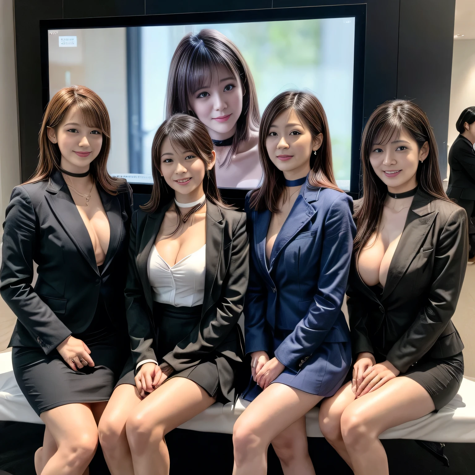 highest quality, masterpiece, Ultra-high resolution, (Realistic:1.4),  ((Group of Japan young business women discussing at meeting, collaborative, Corporate event photography)), girl, 18-year-old,  (Slim face, Narrow waist, Thin legs), Charm, Dynamic Shot, break, ((Black choker:1.3)) , bangs, Blue Eyes, smile, ((Big Breasts, bangs)), Very long eyelashes, business suit, mini skirt