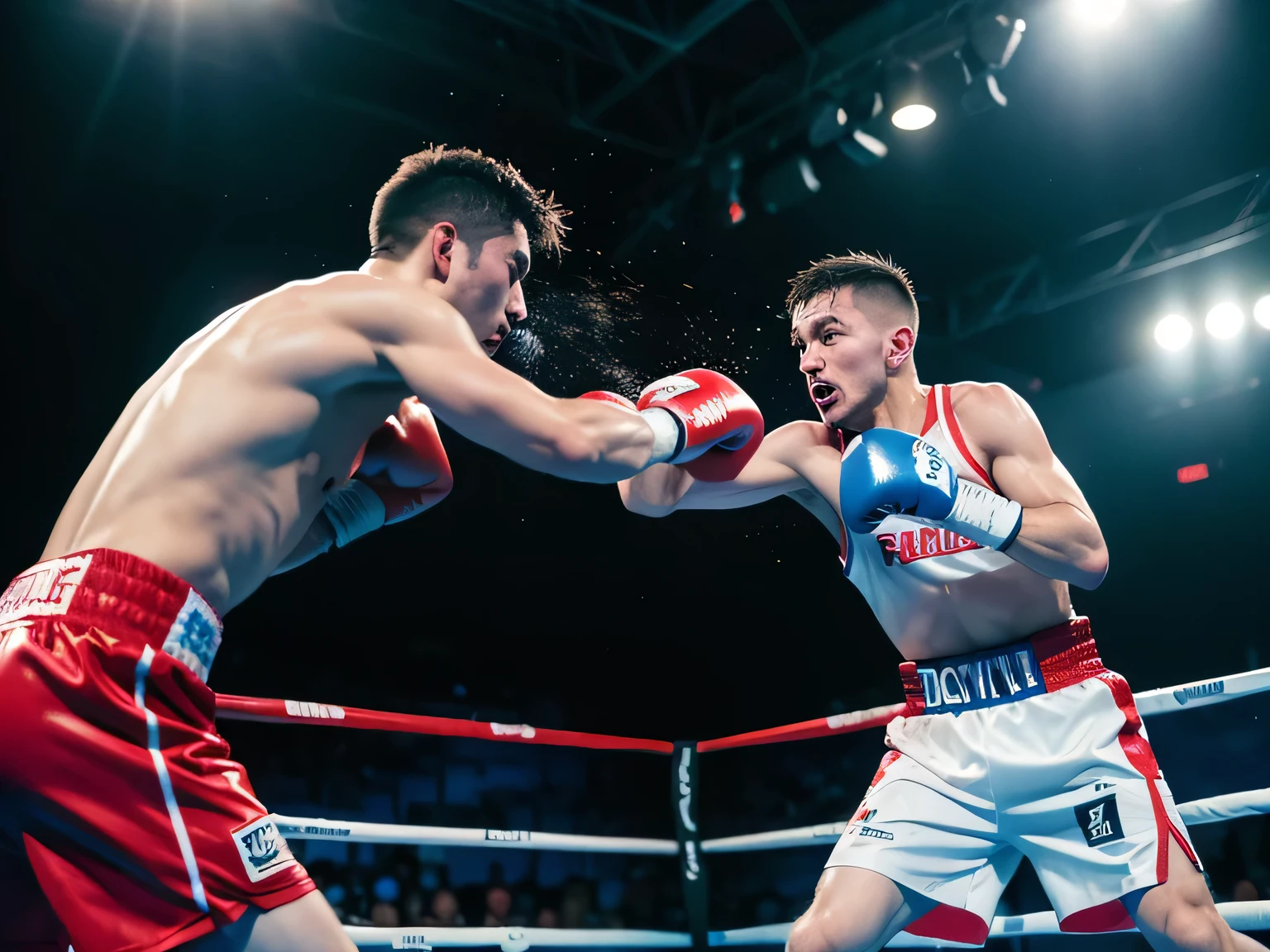 two men in boxing gear are fighting in a ring, Olympic photos, 1614572159, boxing, Daniel Dociu, boxing match, pablo carpio and jordan grimmer, Pablo Oliveira, author：Edward Avedisian, Imitating the style of Kyrill Kotashev, Communication Siona Shimshi