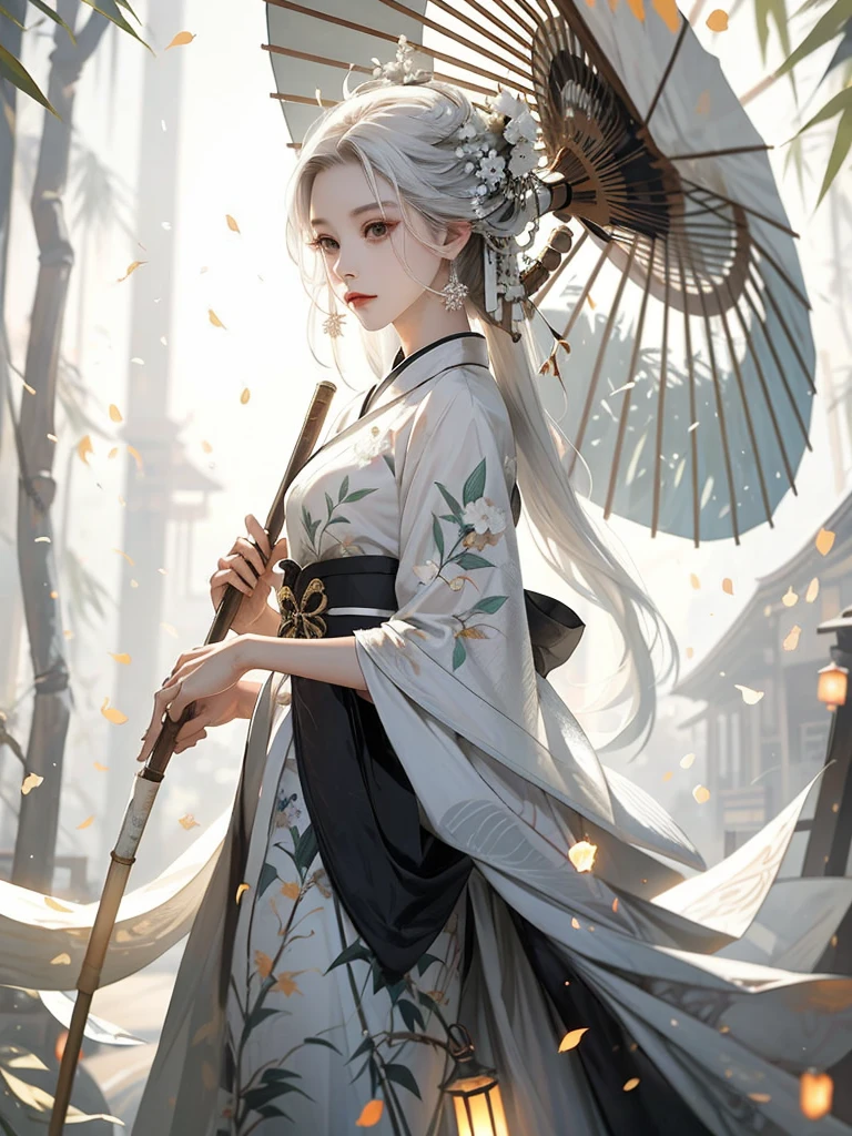 bamboo forest, Bamboo leaves falling, hazy, white hair, White Hanfu, Sexy, Oil-paper umbrella, lantern, Folding fan, flute,
