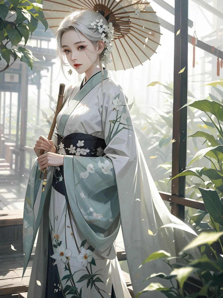 bamboo forest, Bamboo leaves falling, hazy, white hair, White Hanfu, Sexy, Oil-paper umbrella, lantern, Folding fan, flute,