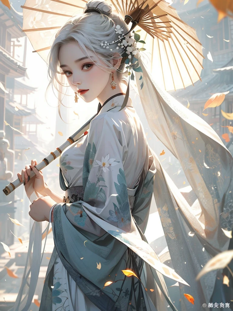 bamboo forest, Bamboo leaves falling, hazy, white hair, White Hanfu, Sexy, Oil-paper umbrella, lantern, Folding fan, flute,