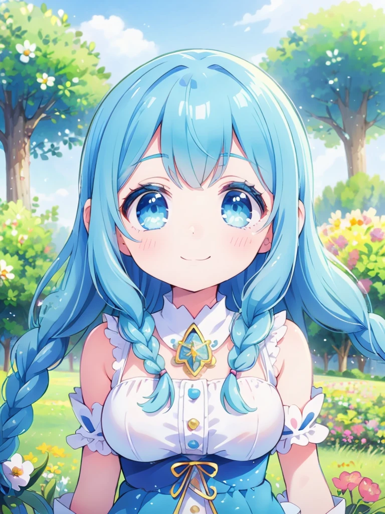 morning, grassland, Flowers，Powder blue hair with long braids, Powder Blue Eyes，Face Focus，Warm smile，woman, cute，ミルキーホワイトのcuteガーリーコスチューム, mysterious，Zelkova, highest quality, Beautiful graphics, Attention to detail，Take a deep breath