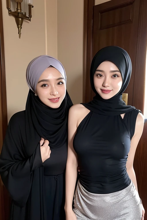 age difference couple, two shot, Male in his 35s, Female with long pashmina hijab in her 18s, cheek to cheek, background is room, woman that D Cup Breasts size, super calvages, showing nipples, slim and slender figure, Realistic teeth, double eyelids, smile, spring look, waist up shot