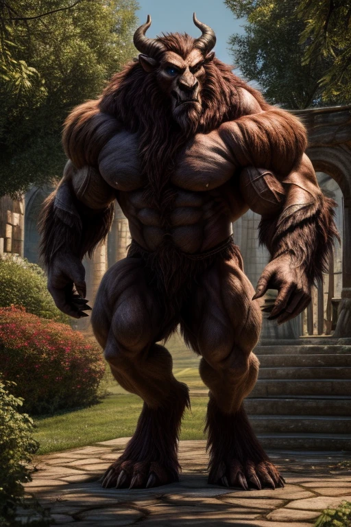 A photorealistic image of the Beast from the movie Beauty and the Beast, super muscular giant, with muscular arms, broad shoulders, giant and toned physique, bursting muscular veins, blue eyes, tail, super furry brown fur, backward facing horns, with veins jumping, barefoot, in the garden of his castle