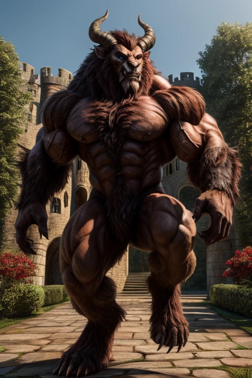 A photorealistic image of the Beast from the movie Beauty and the Beast, super muscular giant, with muscular arms, broad shoulders, giant and toned physique, bursting muscular veins, blue eyes, tail, super furry brown fur, backward facing horns, with veins jumping, barefoot, in the garden of his castle