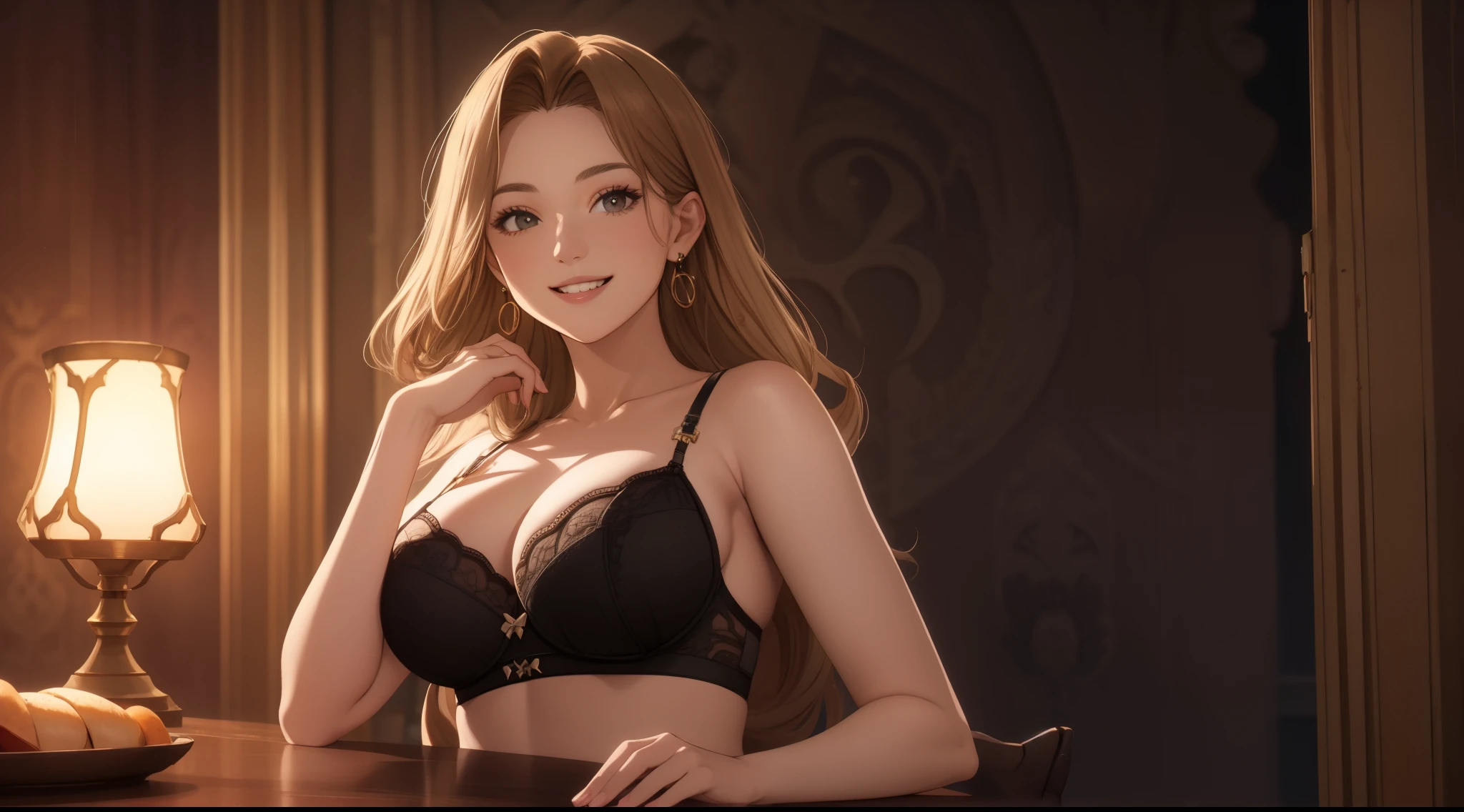 masterpiece, 1womanl, (((Solo))), of the highest quality, Hi-Res, 4K, cleavage, ((Black lingerie)), large breasts, Full body,  earrings, (light smile)