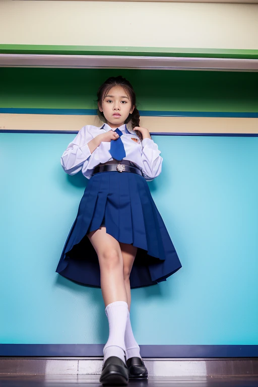 (realistic:1.2),from the front,(View from below:1.4),
 yo,(shy)Thai, ponytail, plain white collar shirt, long-sleeved shirt,bark blue necktie, pleated skirt, dark blue skirt,  black belt, white socks, black loafers,  Thighs look good, standing with legs spread wide, (thigh:1.4),(look away:1.4),(classroom background) ,
Mix 4,