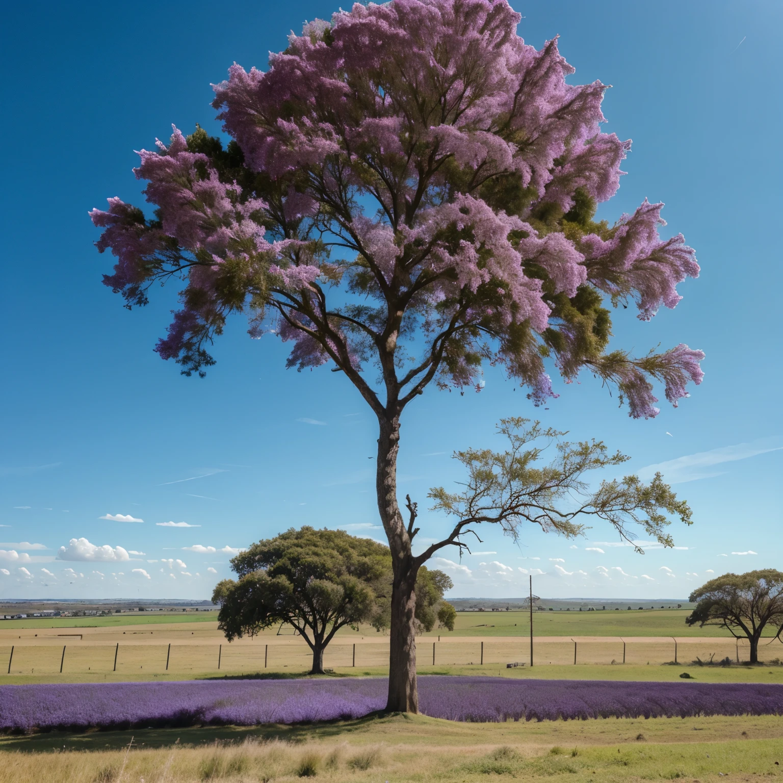 Jacaranda tree in the foreground on a plain with a grassy hill and the sky in the background