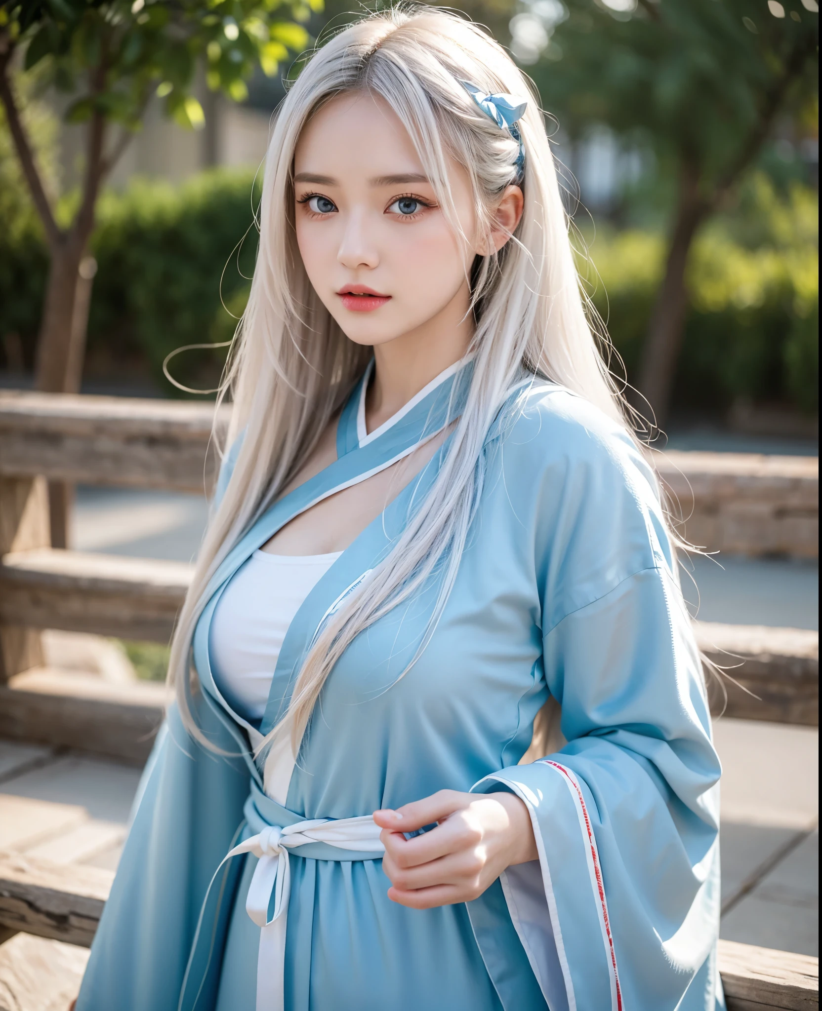 face lighting,bright backlight,(medium breasts:1.2),super high resolution,best quality,Photos,4k,(Realistic:1.2),Zero,1girl,white hair,(very long hair:1.1),blue eyes,hair bow,cowboy_shot,hanfu,winter hanfu,Cloak,