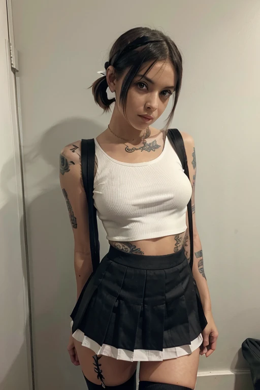 slim short haired tattooed sexy  black pleated  miniskirt knee high socks tied white top pigtails school girl 