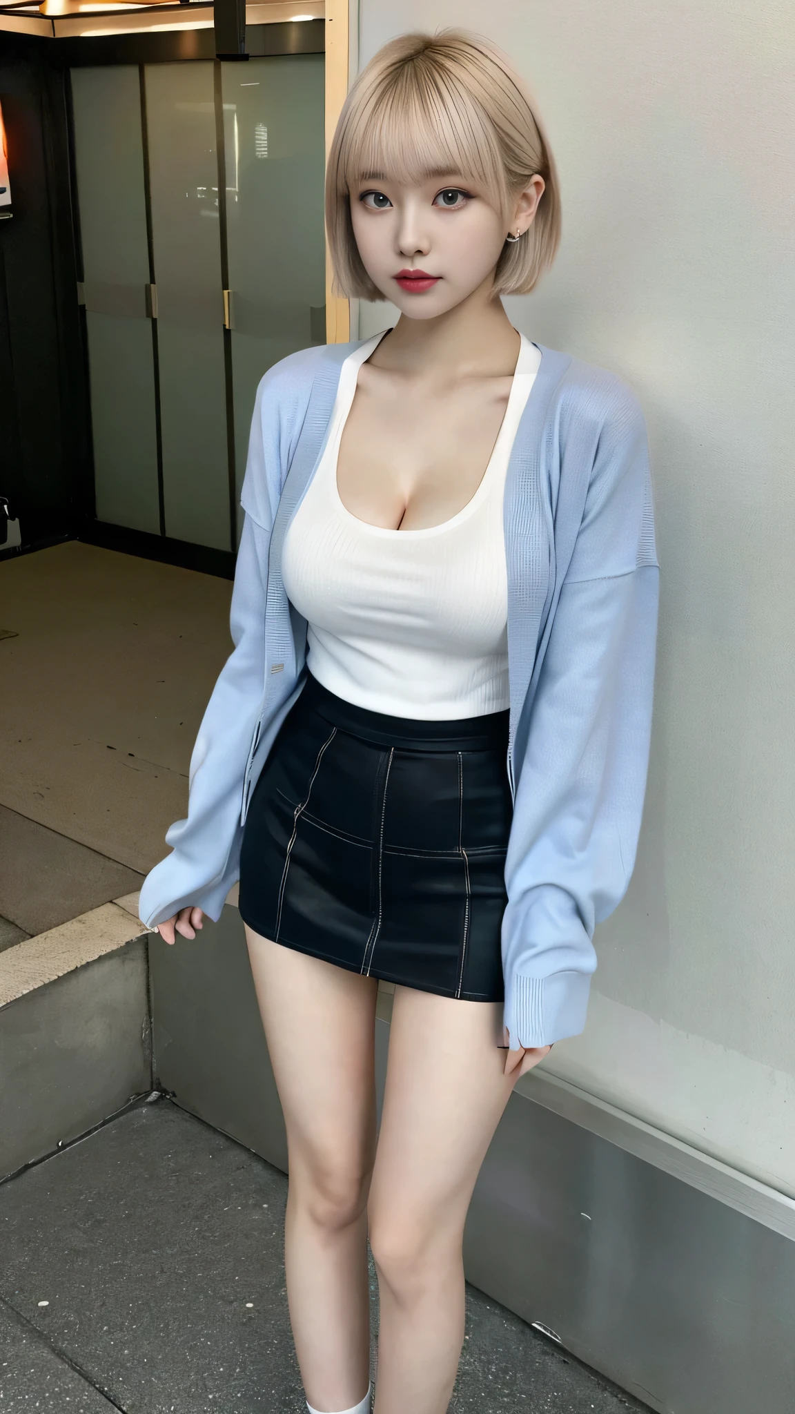 cyber punk, highest quality, masterpiece, shape, Realistic, photo-Realistic, wonderful, finely, Very detailed, High resolution, Very detailed, unity 8k wallpaper, Full body shot of a beautiful young woman with Korean-style features resembling a popular actress, cardigan, Frilled Skirt, Knee-length, (Very small breasts), thin, She has pink and bluish eyeshadow, bangs, blonde, short hair, head, and arms. Standing and looking at me, Tokyo, Izakaya, Narrow eyes, Long and narrow eye shape, Three white eyes, Confident expression, Evil look, Very slender and beautiful legs, Beautiful and thin thighs, Earrings,