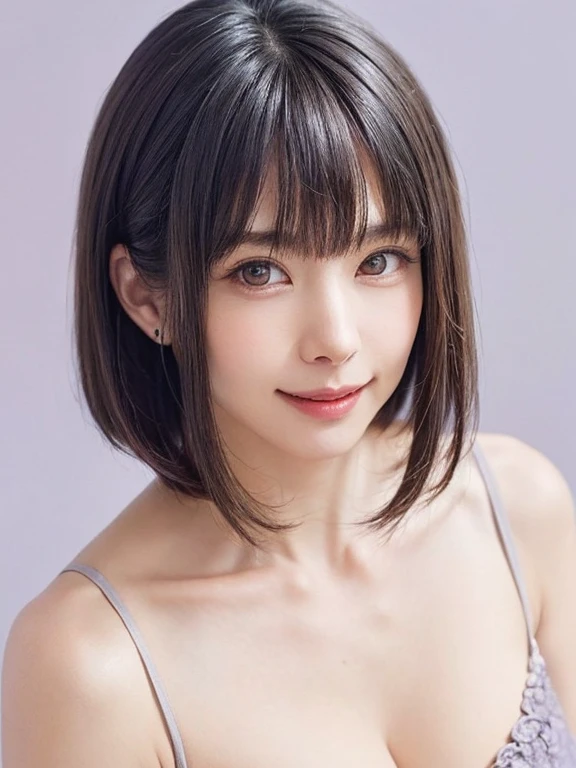 (software:1.8、masterpiece, highest quality),1 girl, alone, have, Realistic, Realistic, Looking at the audience, Light brown eyes, Brunette short bob hair with highly detailed shiny hair, short hair:1.8、Beautiful symmetrical face、Spring Clothes:1.6, Whity, lips, bangs, Outdoor, Mouth closed, Upper Body、Big eyes、eyelash、((Very simple light purple background:1.8))、(((bangsのあるshort hair、Big eyes、big and full 胸、Looking at the audience、Beautiful beauty、Show me your ears、Long neck、smile、please close your mouth and smile)))、Ideal body type、((({Huge|big|Hugeな|Mega} Chest 2, Cleavage:2、幸せなsmile、Beautiful Teeth、)))
