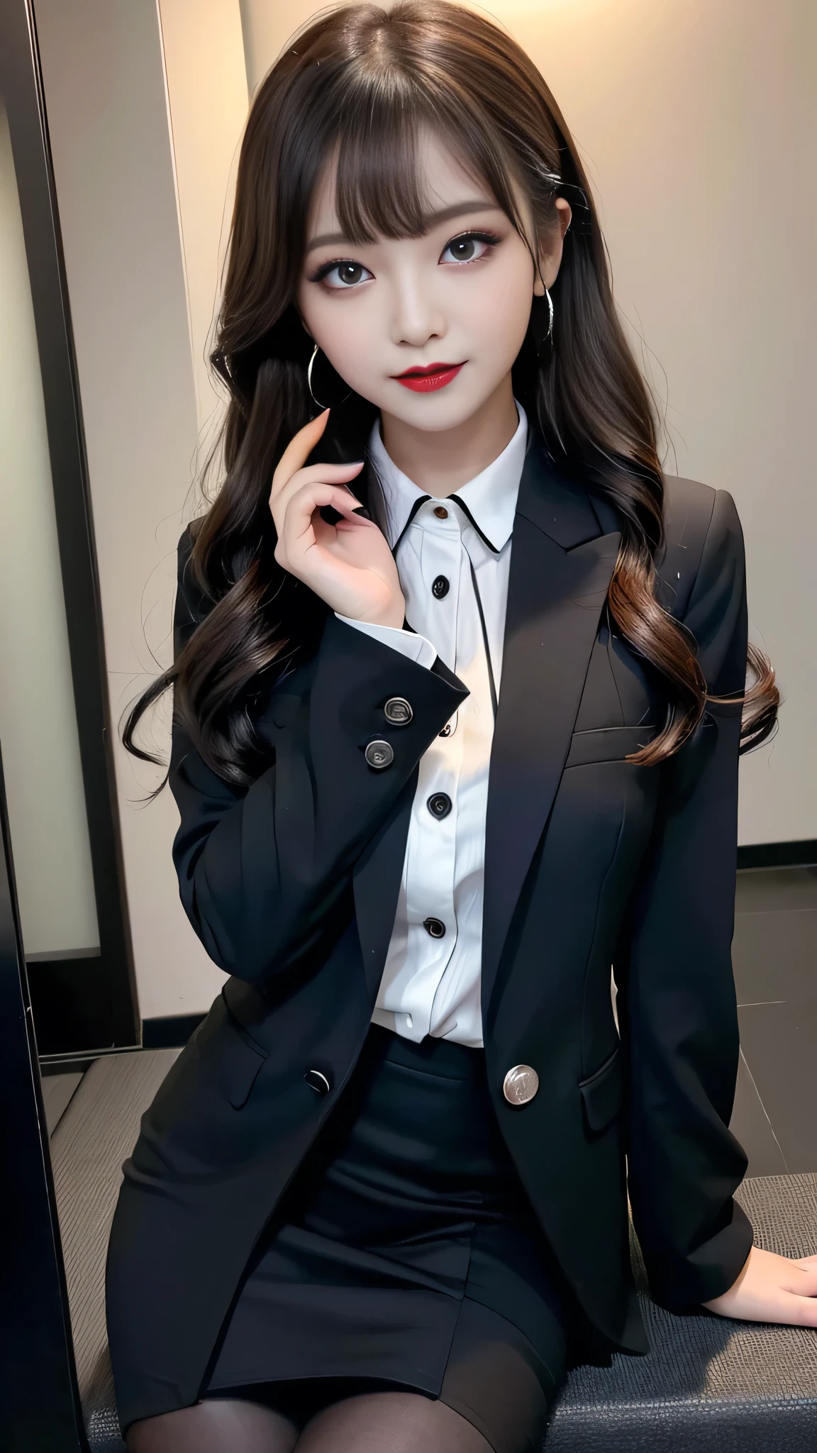 best quality、ultra-detailed、4k、Japanese、Seductive beauty、seductive adult woman、Pretty Woman、cool girl、Villainess、Brainwashed、brainwash、Fallen into evil、smirk、Evil look、Wicked Smile、evil、Brown hair、wavy hair、swept bangs、dark makeup、dark makeup、piercing eyes、hollow eyes,half-closed eyes、Hollow Eyes、purple Eyeshadow、black lipstick、black lipglos、uniform、suit、Jacket、White blouse、Tight Skirt、skin color pantyhose、night、inside darkroom、Are standing、Beautiful feet、Having lipstick、Seduce