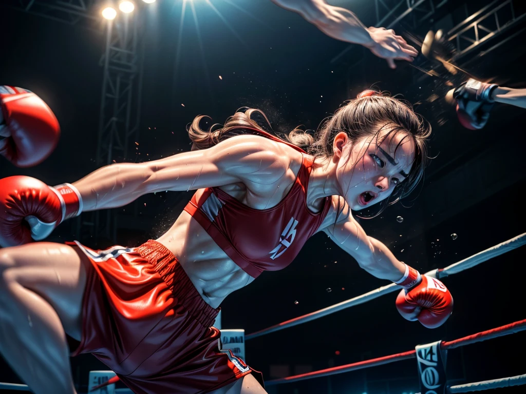 (highest quality、4K、High resolution、masterpiece:1.2)、Super detailed、Real、boxing match、Body Blow、Distorting face、Sweat flying、Mouthpiece、corner、On the verge of collapse