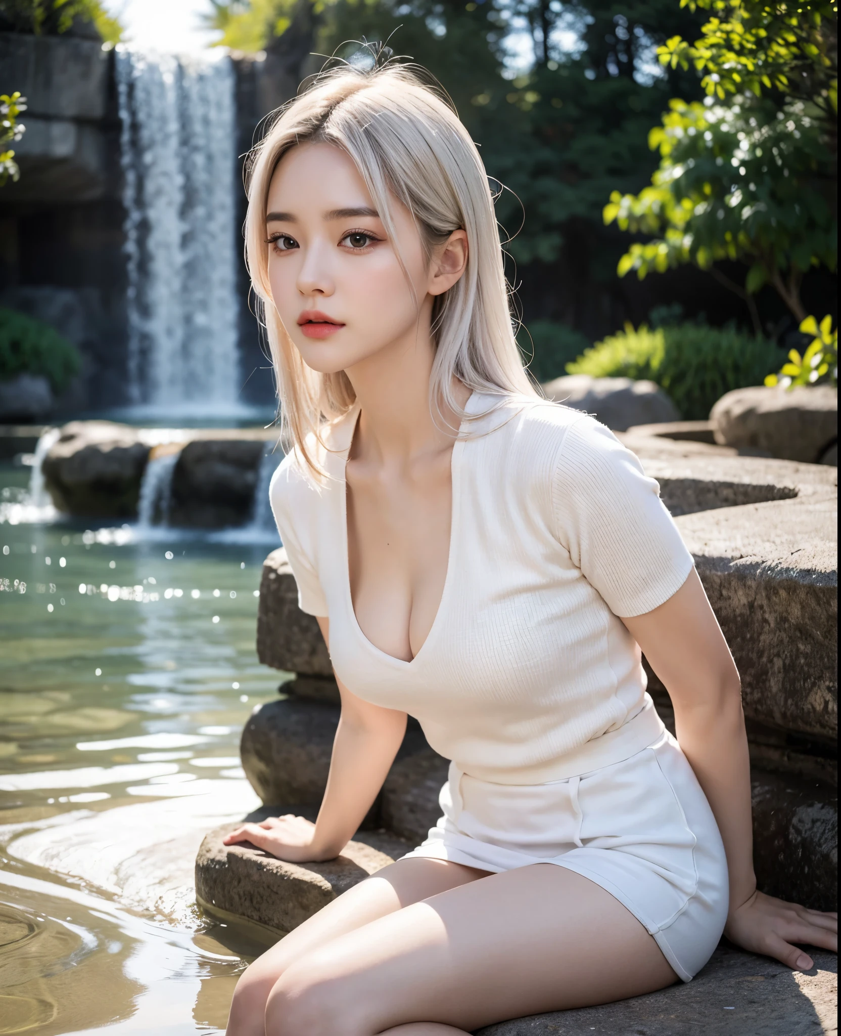 (face lighting:0.8),bright backlight,medium breasts,super high resolution,best quality,Photos,4k,(Realistic:1.2),super high resolution,best quality,Photos,4k,(Realistic:1.2),jibaobao,1girl,fountain,white hair,