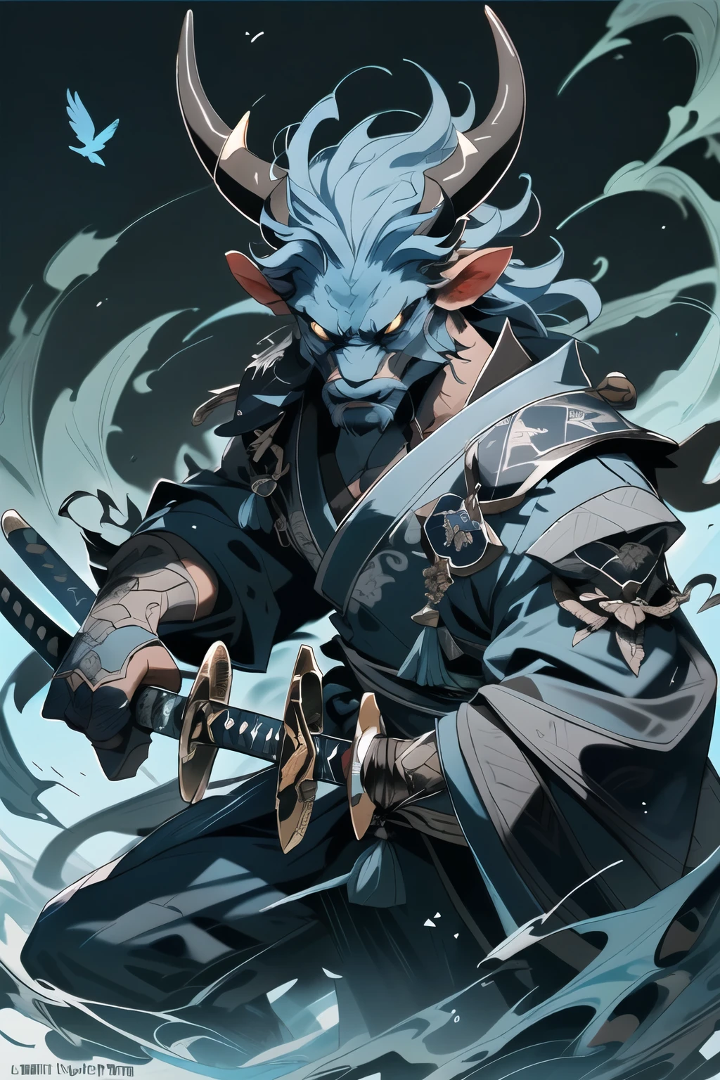 Dark Blue Horned cow, (close-up: 1.1), upper body, weapons, dark Blue Horned cow head, male focus, sword, single, Japanese costume, Hand held, hand held weapon, katana, Hand held sword, sheath, long sleeve, number suit, Kimono, suit... Construction background