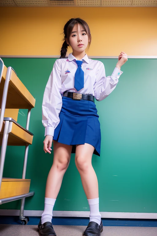 (realistic:1.2),from the front,(View from below:1.4),
18 yo,(shy)Thai, ponytail, plain white collar shirt, long-sleeved shirt,bark blue necktie, not wearing skirt, showing her panties, white socks, black loafers,  Thighs look good, 
Standing position,  open leg, (thigh:1.4),(look away:1.4),(classroom background) ,
Mix 4,