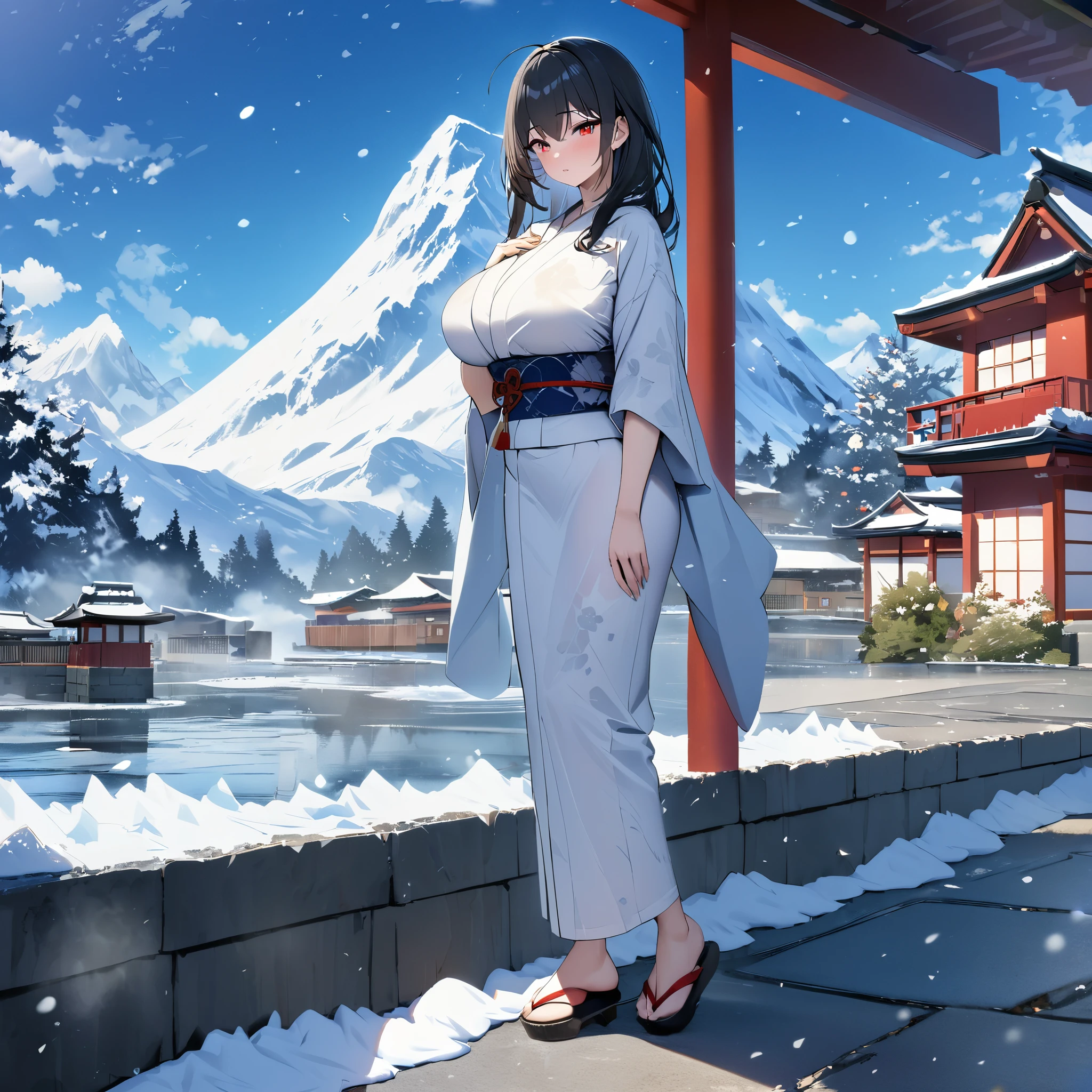 A woman wearing a traditional white Yukata, yukata with white and red flower details, Japanese shoes, with a white belle cape, long black hair, red eyes, large breasts, standing on a concrete sidewalk, snowing place, winter weather , traditional Japanese houses in the background, trees covered in ice, mountain covered in ice in the background, blue sky with clouds,ultra resolution, sharp, masterpiece, 8K HD (solo woman)