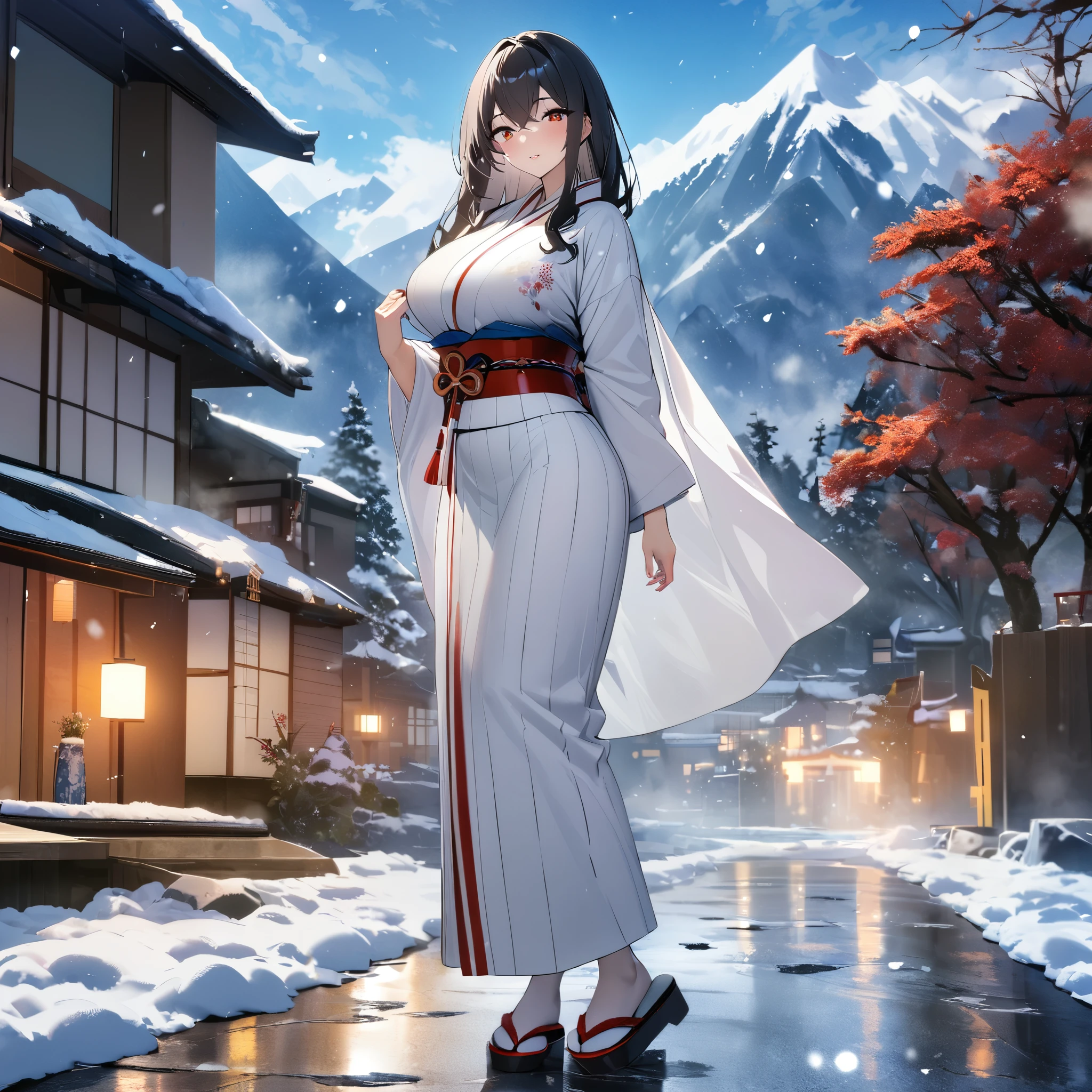 A woman wearing a traditional white Yukata, yukata with white and red flower details, Japanese shoes, with a white belle cape, long black hair, red eyes, large breasts, standing on a concrete sidewalk, snowing place, winter weather , traditional Japanese houses in the background, trees covered in ice, mountain covered in ice in the background, blue sky with clouds,ultra resolution, sharp, masterpiece, 8K HD (solo woman)