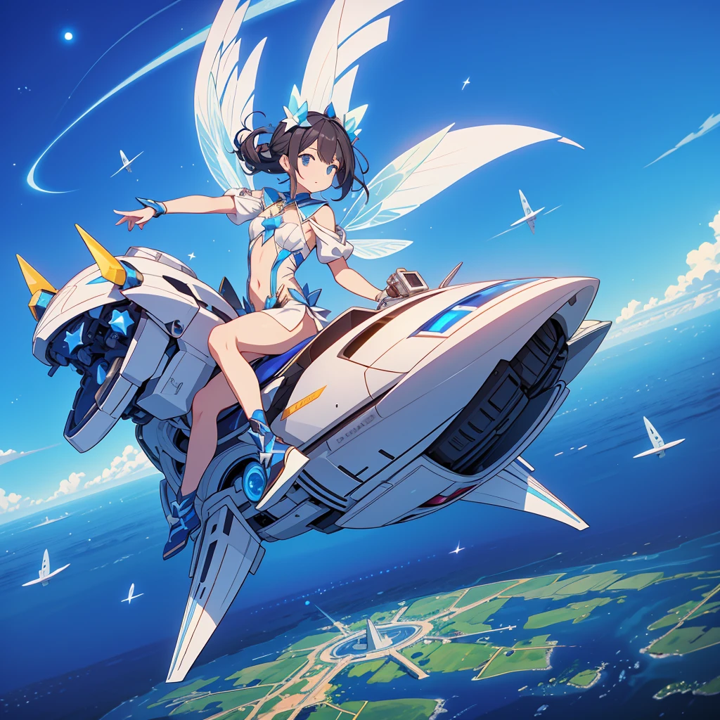 A star fairy riding a futuristic flying star-shaped vehicle、