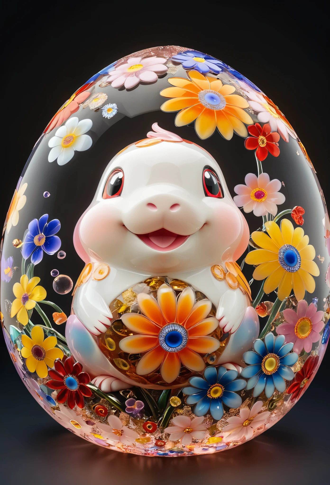 Millefiori glass style,Imagine a head sculpture of Chansey, the beloved Pokémon known for its egg-shaped body and nurturing nature. The sculpture features intricate details like large, kind eyes that seem to sparkle with compassion, a soft smile on its face conveying warmth and care. Its smooth, curved lines give it a gentle and inviting appearance, while the creamy white color evokes feelings of purity and innocence. Adorned with a delicate flower crown made of pastel-colored blooms, this Chansey sculpture radiates a sense of peace and serenity, making it a truly heartwarming and enchanting art piece.,Best quality,UHD,HDR,16K,high resolution,unreal engine 5,symmetrical composition,clean background,ultra-detailed,hyper detailed,Yoshiyuki Tomino,Yigal Ozeri,Wolfgang Suschitzky,Zack Snyder,Blacklight,Black hole,Wolfgang Weingart,Yves Saint-Laurent,Lomography Color 