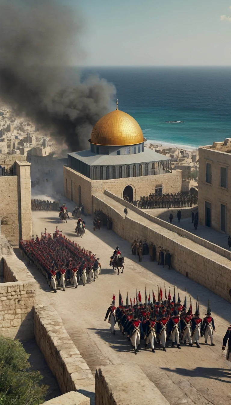 March 1799, Palestine: Under the command of General Napoleon Bonaparte, French troops take the city of Jaffa in a violent assault. ultra realistic 32k uhd. view panoramic. cinematic.