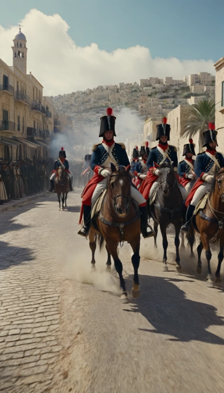 March 1799, Palestine: Under the command of General Napoleon Bonaparte, French troops take the city of Jaffa in a violent assault. ultra realistic 32k uhd. view panoramic. cinematic.