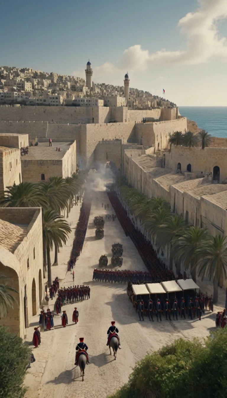 March 1799, Palestine: Under the command of General Napoleon Bonaparte, French troops take the city of Jaffa in a violent assault. ultra realistic 32k uhd. view panoramic. cinematic.