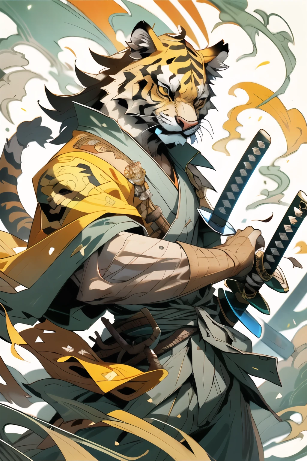Tiger, (close-up :1.1), upper body, weapon, tiger head, Male focus, sword, single, Japanese costume, hand held, hand held weapon, katana, hand held sword, sheath, long sleeve, number suit, kimono, set,,, Building background