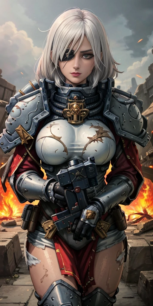 (masterpiece:1.2), (best quality:1.2), perfect eyes, perfect face, perfect lighting, 1girl, mature whsororitas with a laser rifle in her hands, scar over one eye, eyepatch, red tabard, white hair, warhammer 40k, chaos, fire, scifi, detailed ruined city background, power armor