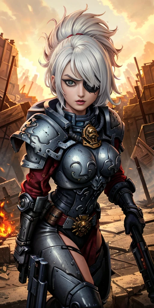 (masterpiece:1.2), (best quality:1.2), perfect eyes, perfect face, perfect lighting, 1girl, mature whsororitas with a laser rifle in her hands, scar over one eye, eyepatch, red tabard, white hair, warhammer 40k, chaos, fire, scifi, detailed ruined city background, power armor