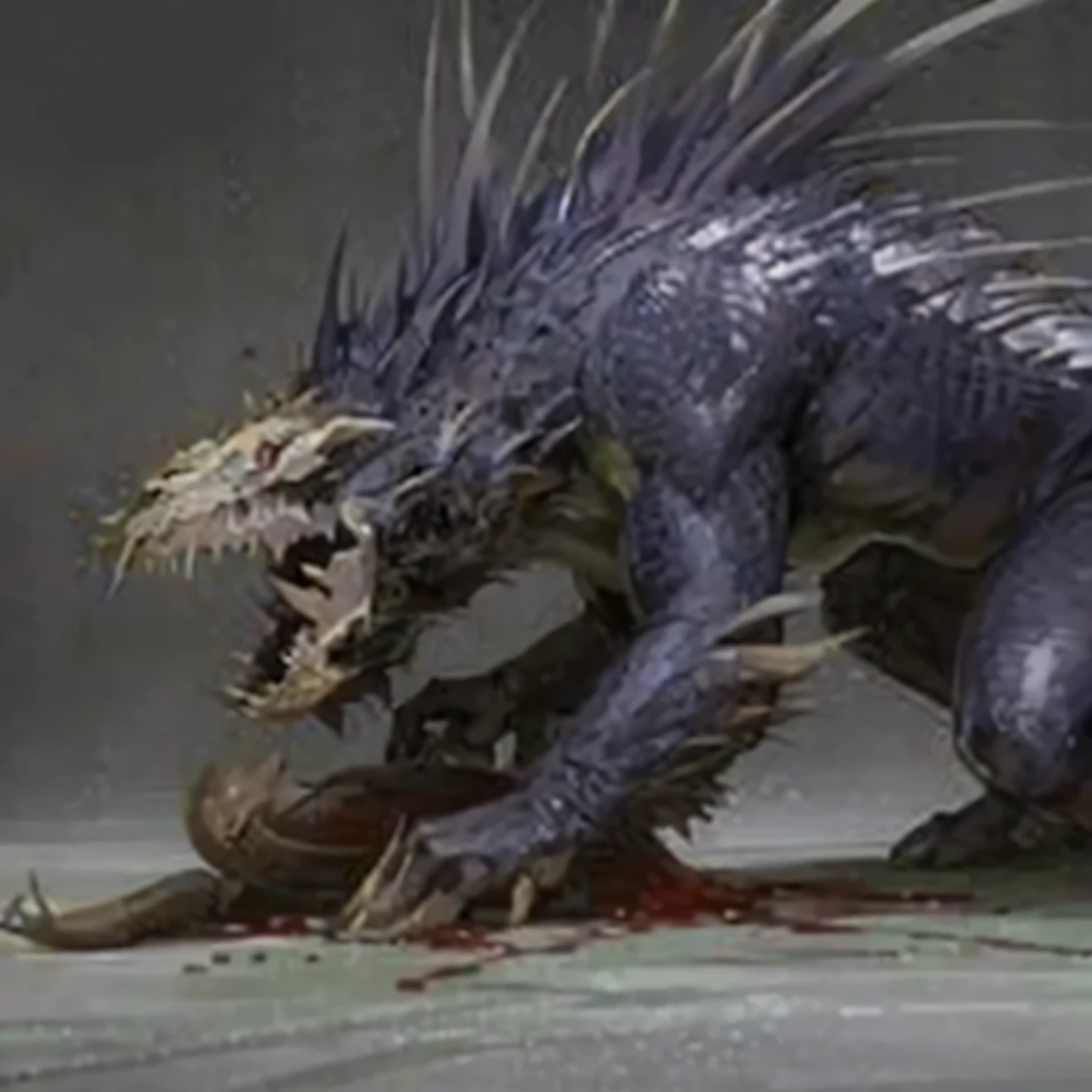 in a forest, drooling blood, with several eyes on his body