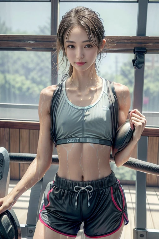 8K,(photorealistic:1.4), RAW photo, best quality, masterpiece, ultra high res, raw photo,cinematic lighting,depth of field,ray tracing, Japanese girl,Brown short wavy pixie hair over one eye,Meticulous sportswear girl,(at the gym:1.3),(Wear sophisticated a sports tiny shorts and a sports bra:1.3)，Highlight  abs, completes the overall atmosphere,(braless:1.1),(Slender body:1.4),six pack,smile,(wet skin),large hip,cleavage,camel toe,