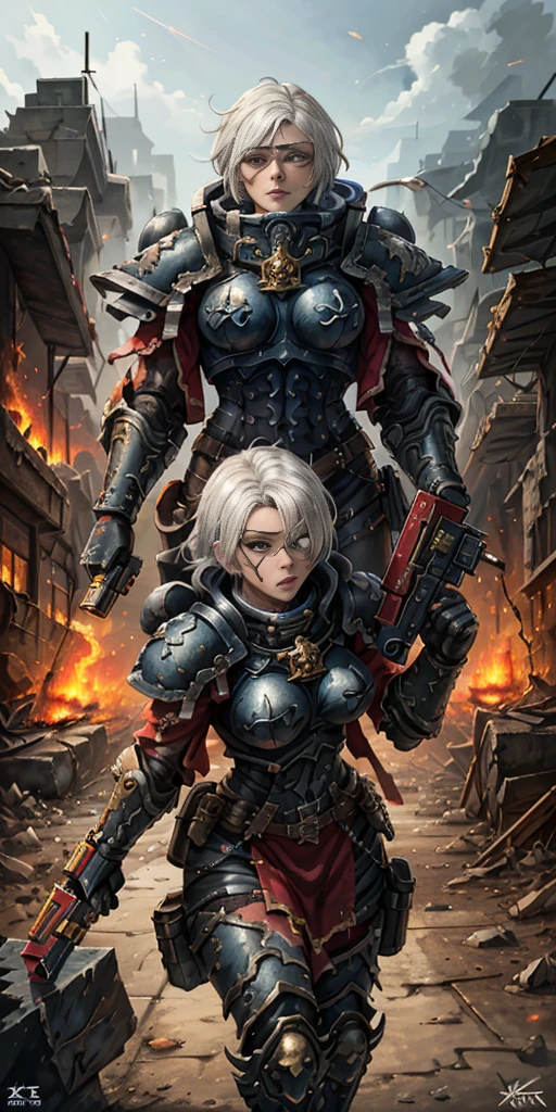 (masterpiece:1.2), (best quality:1.2), perfect eyes, perfect face, perfect lighting, 1girl, mature whsororitas with a laser rifle in her hands, scar over one eye, eyepatch, red tabard, white hair, warhammer 40k, chaos, fire, scifi, detailed ruined city background, power armor