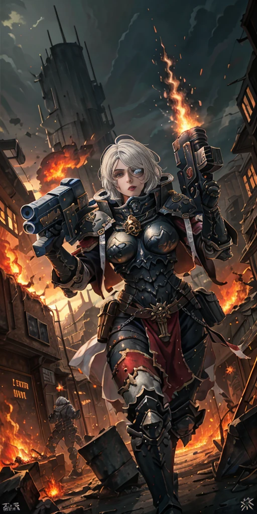 (masterpiece:1.2), (best quality:1.2), perfect eyes, perfect face, perfect lighting, 1girl, mature whsororitas with a laser rifle in her hands, scar over one eye, eyepatch, red tabard, white hair, warhammer 40k, chaos, fire, scifi, detailed ruined city background, power armor