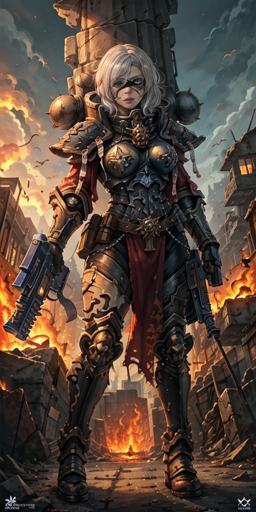 (masterpiece:1.2), (best quality:1.2), perfect eyes, perfect face, perfect lighting, 1girl, mature whsororitas with a laser rifle in her hands, scar over one eye, eyepatch, red tabard, white hair, warhammer 40k, chaos, fire, scifi, detailed ruined city background, power armor