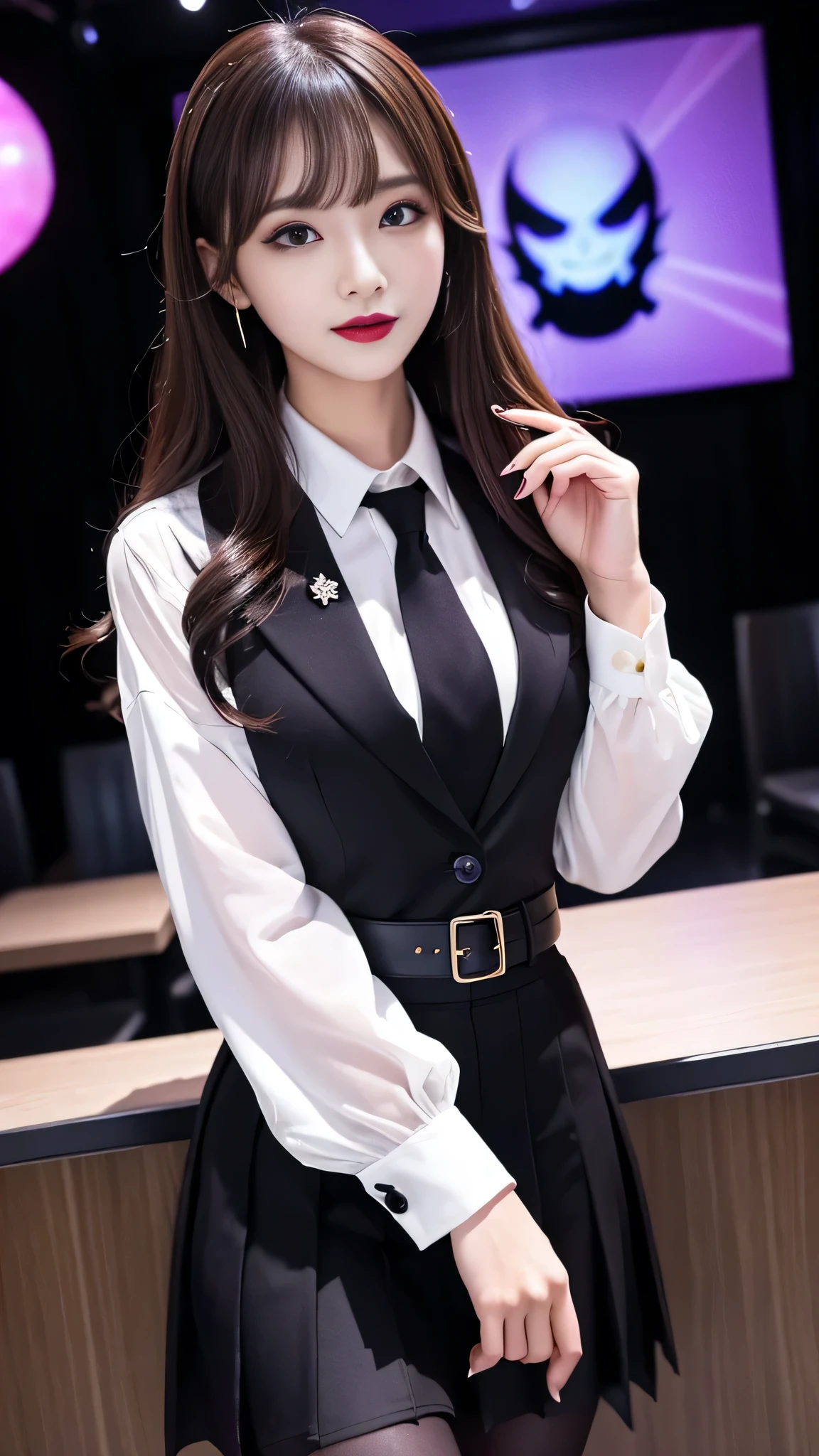 best quality、ultra-detailed、4k、Japanese、Seductive beauty、seductive adult woman、Pretty Woman、cool girl、Villainess、Brainwashed、brainwash、Fallen into evil、smirk、Evil look、Wicked Smile、evil、Brown hair、wavy hair、swept bangs、dark makeup、dark makeup、piercing eyes、hollow eyes,half-closed eyes、Hollow Eyes、purple Eyeshadow、black lipstick、black lipglos、uniform、suit、Jacket、blouse、Middle Flared Skirt、skin color pantyhose、night、inside darkroom、Are standing、Beautiful feet、Having lipstick、Seduce