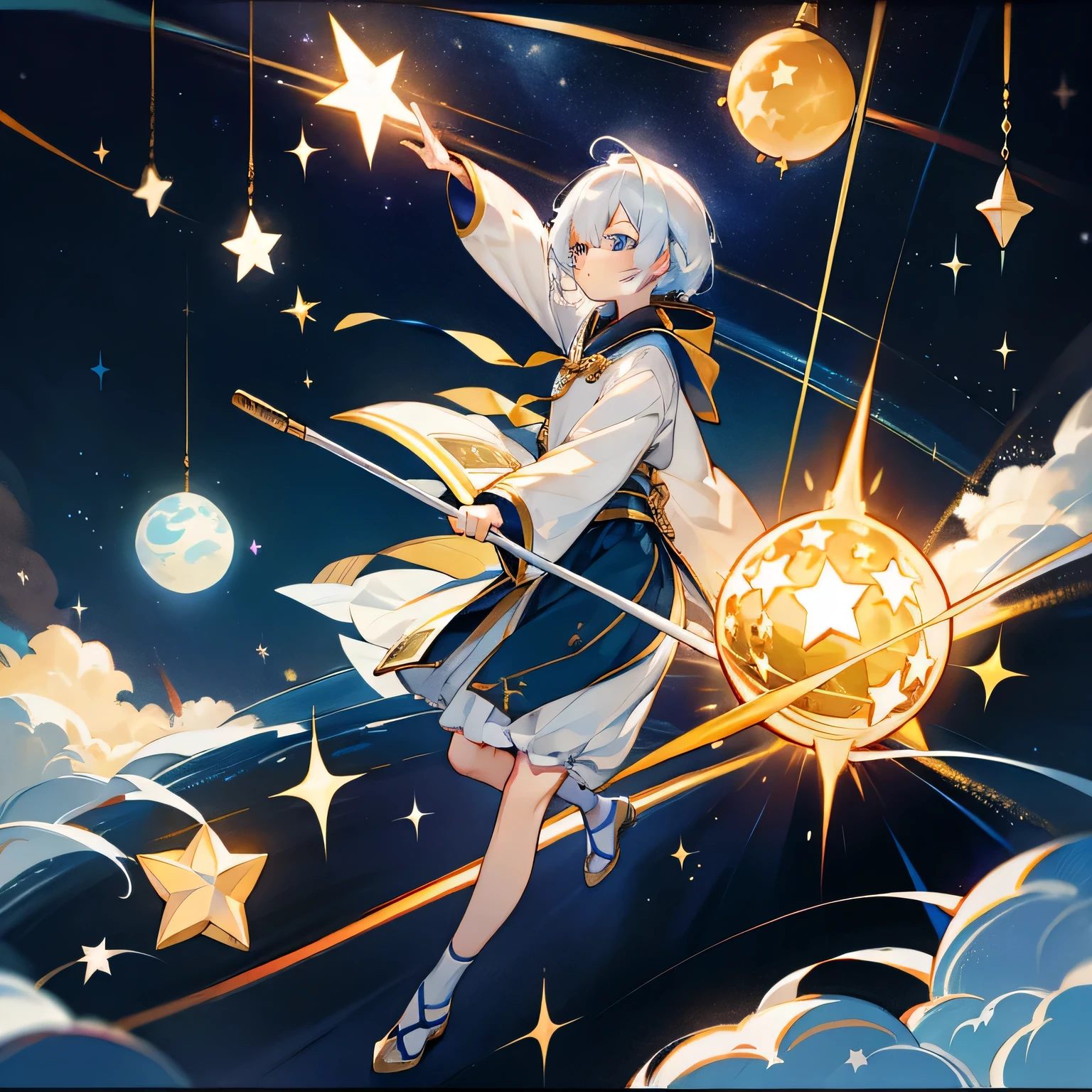 highest quality、4k、Astronomical Diagram、Star、Starry Sky、A perfect Starry Sky、constellation、horoscope、Planetarium、One Girl、White Hair Girl、Turning your back against the Starry Sky、Leonid meteor shower、sparkle、Twinkling stars、Night Sky