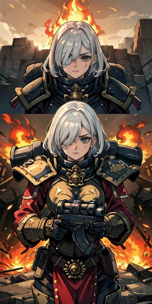 (masterpiece:1.2), (best quality:1.2), perfect eyes, perfect face, perfect lighting, 1girl, mature whsororitas with a laser rifle in her hands, scar over one eye, eyepatch, red tabard, white hair, warhammer 40k, chaos, fire, scifi, detailed ruined city background, power armor